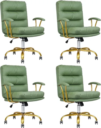 Miniatura 11 de KLASIKA Silla de escritorio de cuero para oficina en casa, silla de tocador de respaldo medio, silla de maquillaje con ruedas doradas y reposabrazos