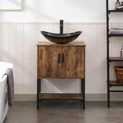Miniatura 45 de UEV Tocador de Baño de Roble Rústico de 24" con Lavabo, Conjunto de Gabinete de Baño con Marco de Hierro Industrial con Puertas y Estante, con Combo