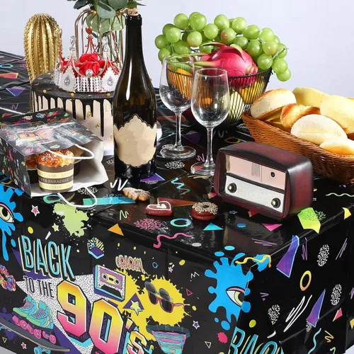 Miniatura 5 de Tegeme 3 manteles de plástico para mesa de fiesta de los años 90, mantel de fiesta de cumpleaños de los años 90, suministros de hip hop de los 90
