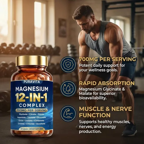 Miniatura 3 de Puravita Cápsulas complejas de magnesio 12 en 1, mezcla de alta absorción de 700 mg con glicinato, citrato, malato, óxido y taurato. Apoya