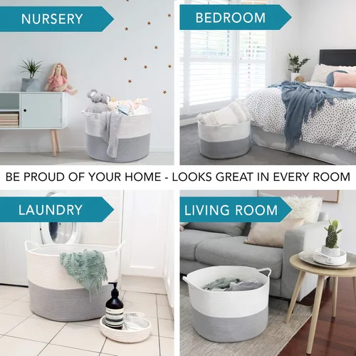 Miniatura 5 de Cesta grande lavable XXXL para manta de 85 litros, 2 unidades, hechas a mano, canastas tejidas decorativas para almacenamiento, suave y duradera