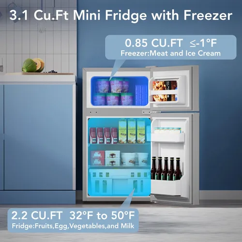 Miniatura 2 de Electactic Mini refrigerador con congelador, refrigerador compacto de 3.2 pies cúbicos con 2 puertas, refrigerador pequeño con termostato ajustable