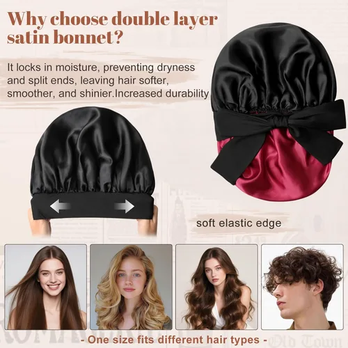 Miniatura 3 de Gorro de satén de seda para dormir, gorro de seda de doble capa con banda elástica para cabello rizado Negro + rojo