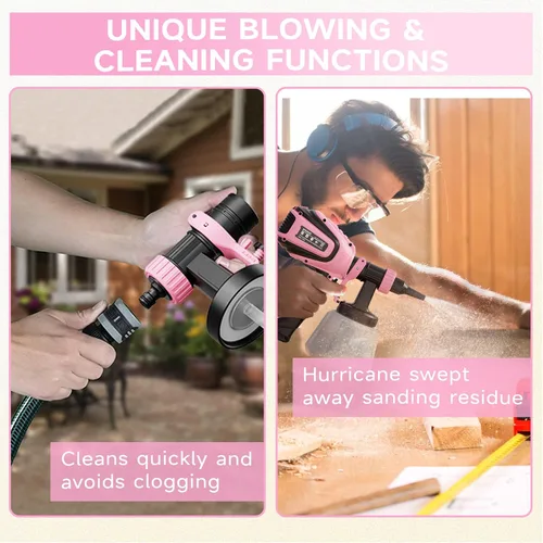 Miniatura 6 de VONFORN Pulverizador de pintura, pistola de pulverización HVLP de 700 W con juntas de limpieza y soplado, 4 boquillas y 3 patrones, fácil de Rosa