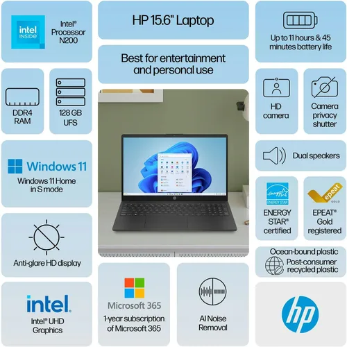 Miniatura 5 de HP Portátil de 15.6 pulgadas, pantalla HD, procesador Intel Quad-Core N200, 8 GB de RAM, 128 GB de almacenamiento, Wi-Fi 6, cámara web, HDMI