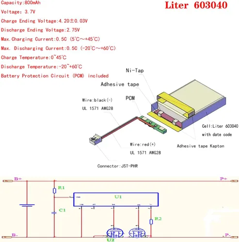 Miniatura 3 de Liter energy battery batería recargable 603040 del polímero de iones de litio de 3.7V 800mAh con el conector PH2.0