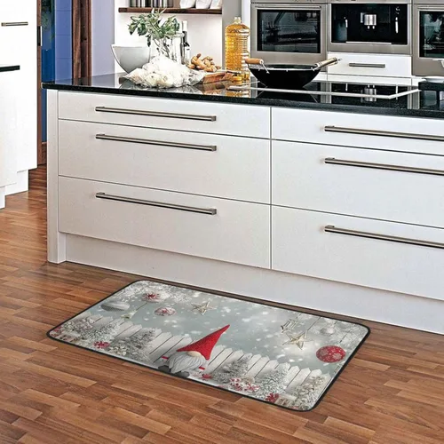 Miniatura 5 de Alfombra de cocina de madera con copos de nieve de gnomo, antifatiga, campanilla de Navidad, luz de estrella, tapete decorativo de cocina, Gnomo