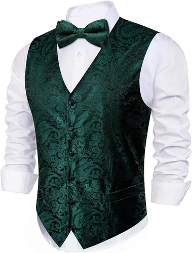 Miniatura 56 de Barry.Wang Conjunto de chaleco de pajarita para hombre, chaleco con cuello en V de seda jacquard de cachemira, gemelos de pañuelo formal/ocio, boda