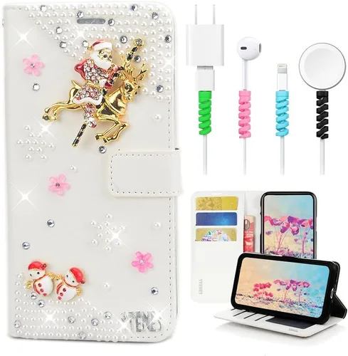 Miniatura 11 de Bling - Funda tipo cartera para teléfono compatible con Samsung Galaxy S21 Ultra, elegante, hecha a mano en 3D, diseño de árbol de Navidad, alce