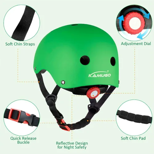 Miniatura 4 de KAMUGO - Casco ajustable para niños, con equipo de protección deportiva, rodilleras, coderas, muñequeras para niños de 2 a 8 años, para niños y Verde