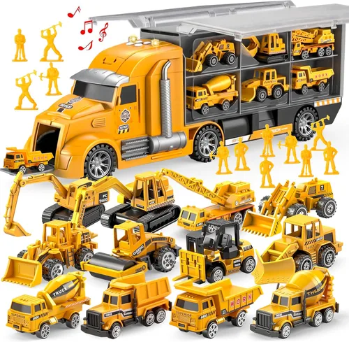JOYIN Juego de camiones de construcción 25 en 1 con 12 vehículos y 12 figuras de trabajadores, camiones de juguete Push and Go con sonido y luz,