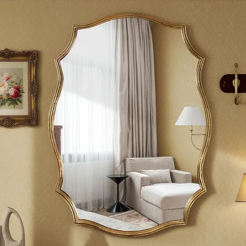Miniatura 10 de SHYFOY Espejo de pared dorado antiguo, espejo decorativo asimétrico para decoración de pared, espejos ornamentados grandes irregulares para sala