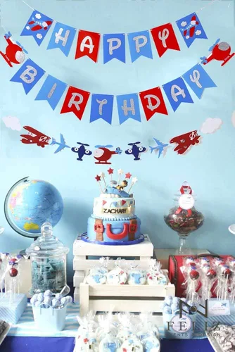 Miniatura 7 de Cartel de cumpleaños de avión y decoración de guirnalda para aviador, aviación, fiesta temática de cumpleaños, pancarta de fieltro con purpurina