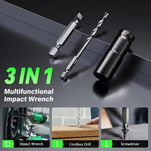 Miniatura 6 de Llave de impacto inalámbrica sin escobillas, 550N.m (400 ft-lbs) Pistola de impacto de 1/2 pulgada, kit combinado de taladro eléctrico 2 en 1 con 1