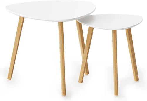 BAMEOS Mesa auxiliar triangular anidable de bambú, juego de 2 mesas auxiliares modernas minimalistas para sala de estar, balcón en color blanco