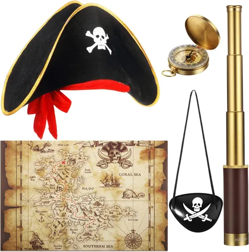 Telescopio monocular pirata, mapa del tesoro, brújula, sombrero pirata, estampado de calavera, disfraz de capitán, 5 piezas de recuerdos de fiesta,