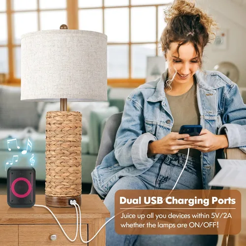 Miniatura 3 de Juego de 2 lámparas de mesa de ratán para sala de estar con 2 puertos USB, lámpara de dormitorio de 27 pulgadas de alto, casa de campo costal