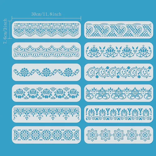 Miniatura 2 de ORIGACH 12 Piezas Plantilla de Borde de Flores, Plantilla de PET con Borde de Mandala Ornamentada para Pintura de Pared, Plantillas de Pintura