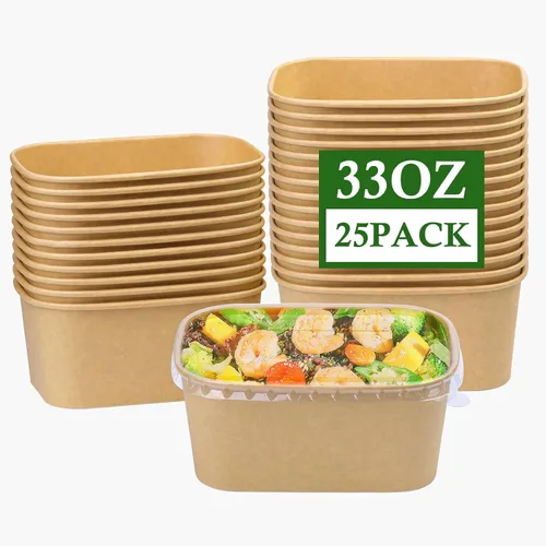 Miniatura 10 de Paquete de 25 cuencos de papel de 19 onzas, recipientes desechables con tapas, cuencos rectangulares desechables con tapas, cuencos de ensalada