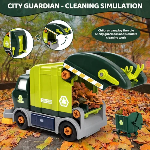 Miniatura 3 de Juguetes de camiones desmontables con taladro eléctrico, juego de camiones de limpieza de ciudad eléctrico DIY, juguetes de camiones de basura