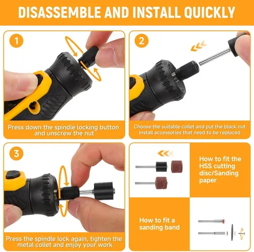 Miniatura 6 de Hoteche Mini kit de herramientas rotativas inalámbricas, batería de iones de litio de 5 velocidades de 8 V con 42 accesorios, herramienta giratoria