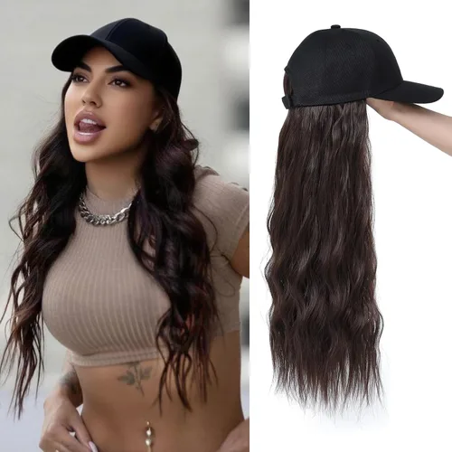 Miniatura 21 de Gorra de béisbol con peluca de cabello largo ondulado natural, con gorra, resistente al calor, mezcla sintética marrón rubio, fibras ajustables
