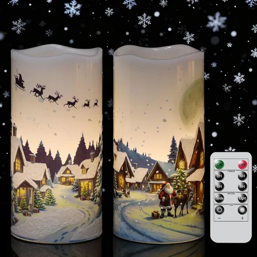 Miniatura 9 de Velas de Navidad sin llama con calcomanías de reno plateado, paquete de 3 velas LED de vidrio a pilas con temporizador remoto, velas de pilar
