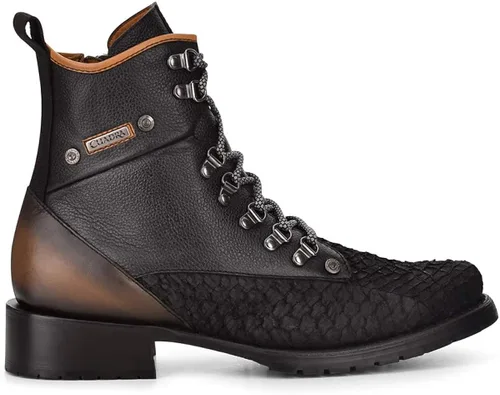 Cuadra Botas de minería para hombre en piel auténtica Pirarucu y cuero bovino con cordones y cremallera, Minería, metálico