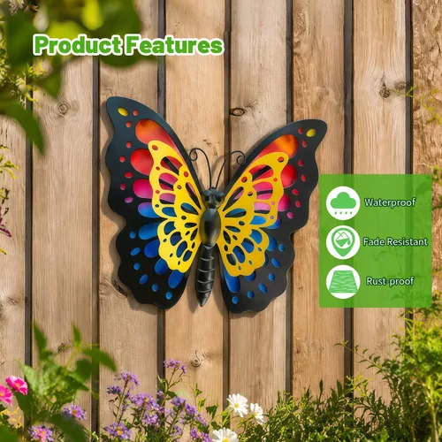 Miniatura 4 de HONGLAND Decoración de pared de mariposa de metal, escultura de arte para interiores y exteriores, decoración de cristal colgante azul