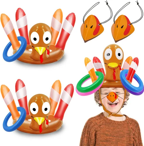 Paquete de 2 juegos de lanzamiento de anillos de Acción de Gracias, juguetes inflables para niños, sombreros de pavo inflables de Acción de Gracias,
