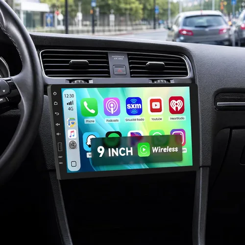 Radio AM de 9 pulgadas de un solo DIN para automóvil con Carplay inalámbrico Android Auto, pantalla táctil IPS estéreo para automóvil con enlace de
