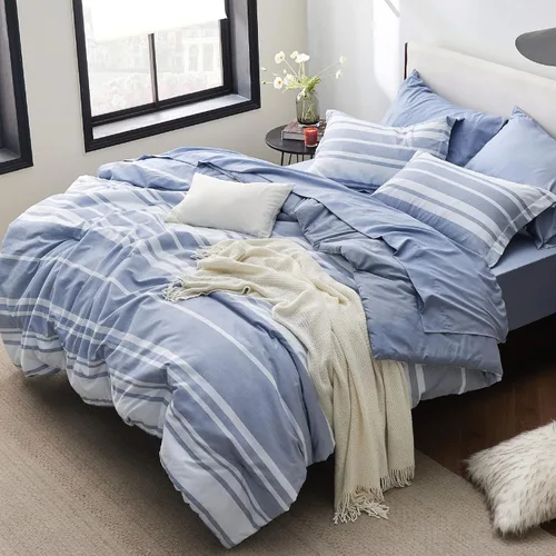 Miniatura 19 de Bedsure Juego de ropa de cama con edredón tamaño individual de 5 piezas, juego de ropa de cama a rayas azules para todas las estaciones, reversible