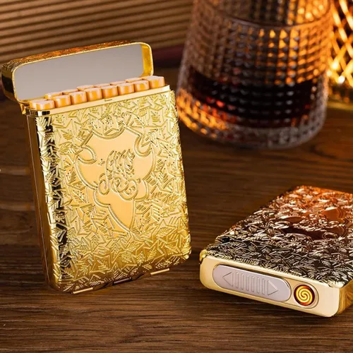 Miniatura 8 de Caja de cigarrillos de metal con encendedor de tamaño King, paquete portátil de 16 piezas de cigarrillos regulares, encendedores USB, caja