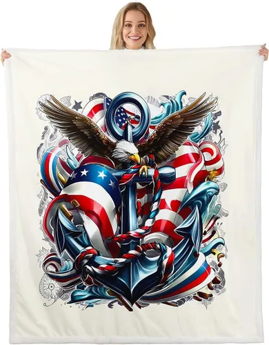 Manfei Eagle Anchor Flannel Fleece Throw Blanket 40"x50" American Flag Stripes Fuzzy Blanket for Sofa Couch Nautical Style Patriotic All Season Bed