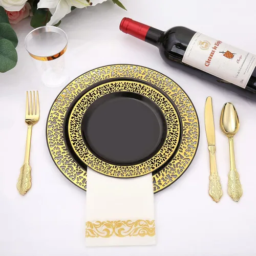 Miniatura 5 de El juego de vajilla de plástico dorado de 350 piezas incluye platos desechables negros con cubiertos de plástico dorado únicos, servilletas de lino