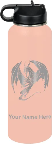 Miniatura 61 de LaserGram Botella de agua con tapa abatible de doble pared de 12 onzas con pajilla, dragón, grabado personalizado incluido (negro)