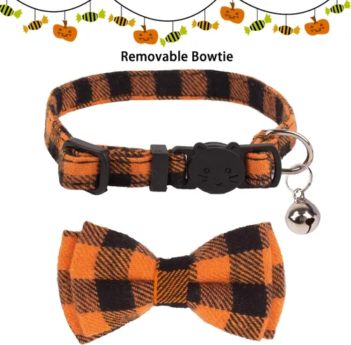 Miniatura 5 de ADOGGYGO Collares para gatos de Halloween con campana extraíble con corbatín extraíble, paquete de 2 unidades, collar de lazo de Halloween a cuadros