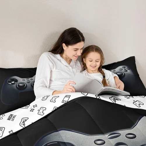 Miniatura 6 de Feelyou Juego de edredón negro para adolescentes y niños, juego de ropa de cama con estampado de consola de videojuegos de 2 piezas, 1 edredón con 1