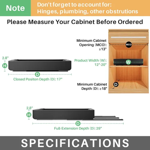 Kitstorack Organizador de gabinete extraíble, expandible (12"-20") cajón deslizante resistente fijo con nano película adhesiva para ollas,