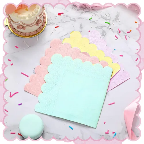 Miniatura 5 de Qilery Paquete de 100 servilletas de cóctel en colores pastel, estilo bohemio, con bordes festoneados, de papel arcoíris, desechables, a granel