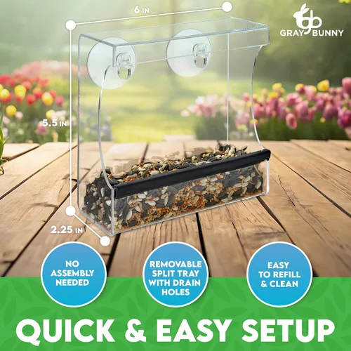 Miniatura 2 de Comedero para pájaros con ventana transparente - Comedero premium para exteriores con fuertes ventosas, agujeros de drenaje y gran capacidad