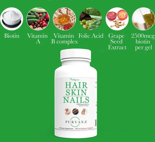 Miniatura 6 de Wellgenix Purvana Suplemento para la piel y las uñas – 2500 mcg de biotina cápsulas blandas con MSM y complejo B – Soporte diario de belleza
