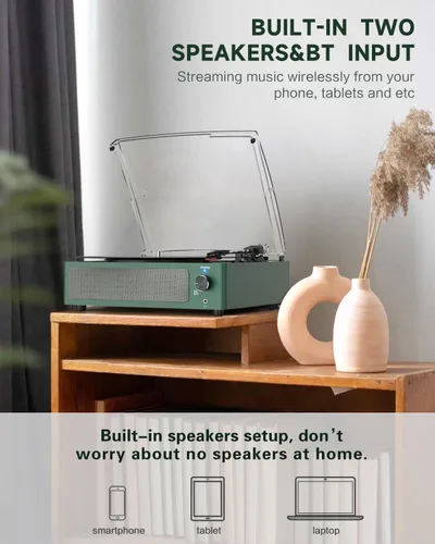 Miniatura 4 de Tocadiscos de vinilo con altavoces, receptor inalámbrico de 3 velocidades, fonógrafo LP de transmisión por correa, auriculares AUX RCA, parada Verde