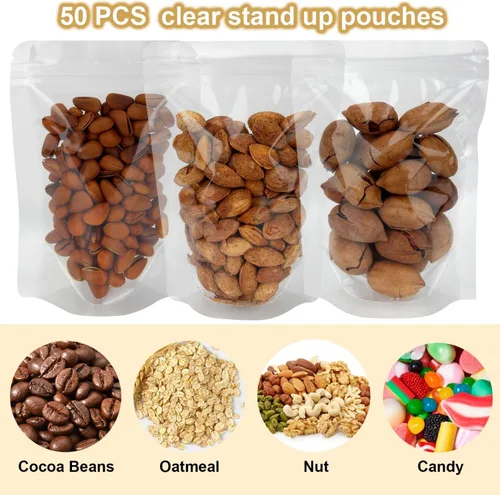 Miniatura 8 de Blisstime Paquete de 50 bolsas de pie, bolsas autoadhesivas transparentes resellables con muesca de desgarro para embalaje de alimentos