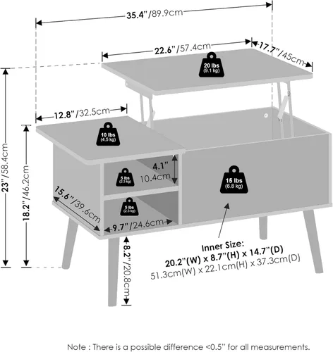 Miniatura 3 de Furinno Jensen - Mesa auxiliar de madera con parte superior elevadora de patas con compartimento oculto y estante lateral abierto para sala