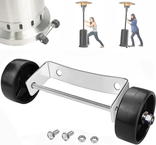 Kit de ruedas universal para calentador de patio - Soporte de acero inoxidable plateado + ruedas negras, reemplazo de ruedas para calentador de gas,