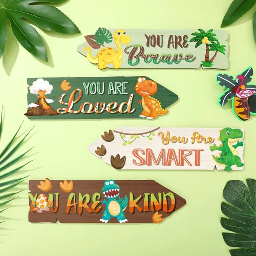 Miniatura 6 de Qunclay 4 piezas de decoración de dinosaurio de madera para niños, letrero de dinosaurio de madera, decoración de pared, acuarela, impresiones