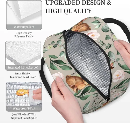 Miniatura 4 de Cute Bunnies - Bolsa de almuerzo grande con diseño de flores rosadas, caja de capacidad para preparar comidas de conejo, bolsa aislada reutilizable