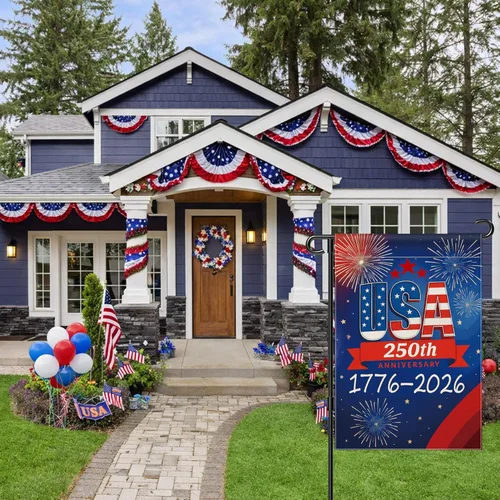Miniatura 8 de Bandera de jardín con el 250 aniversario de Estados Unidos, bandera de Estados Unidos del 250 aniversario 1776-2026, bandera patriótica Azul