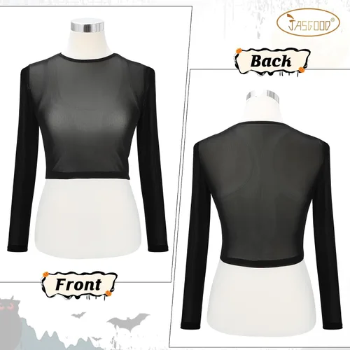 Miniatura 4 de JASGOOD Camiseta corta de malla para mujer, de manga larga, transparente, blusa transparente